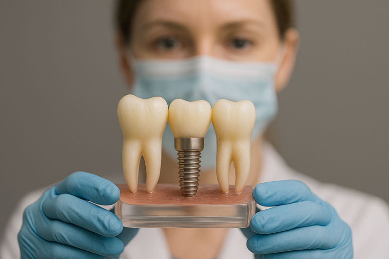 Women holding an implant model with both her hands, dental office