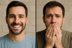 A split image of a man smiling with a complete set of teeth next to an image of a man covering his mouth in shame because he has a missing tooth. No text on image.