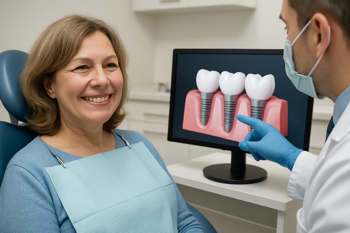 Image of a smiling middle-aged woman in a dental chair with a dentist pointing to a 3D model of implants on a computer screen. No text on the image.