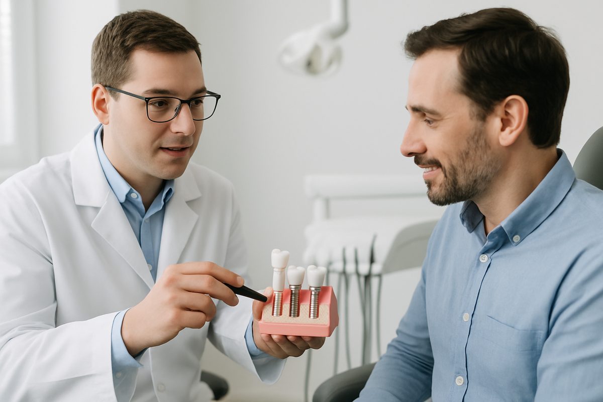 Image of a dentist explaining the dental implant process to a patient using a model of a jaw with implants. The dentist is pointing to the implant and explaining the "dental implants name" to the patient. No text on the image.